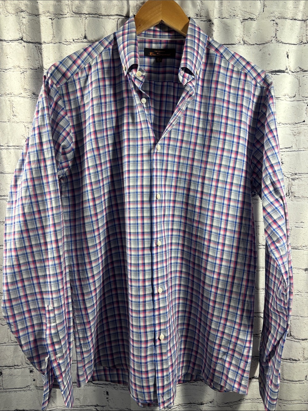 Ben Sherman Button-Down Plaid Shirt in Blue, Pink and White